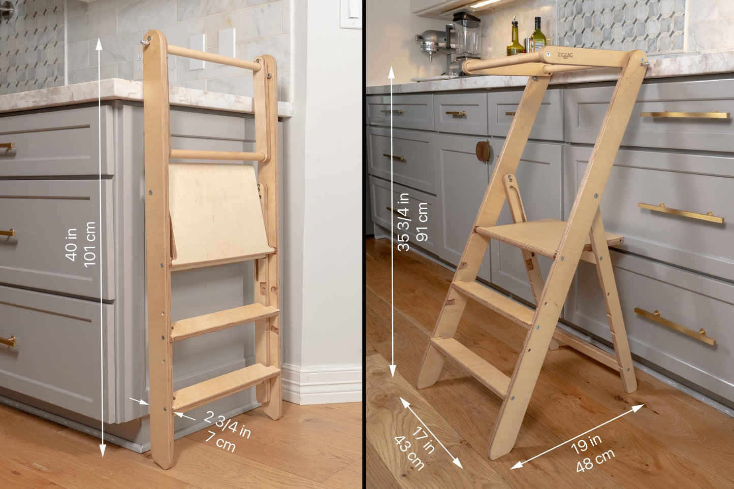 Adjustable Birchwood Kitchen Helping Tower: Foldable Step Stool